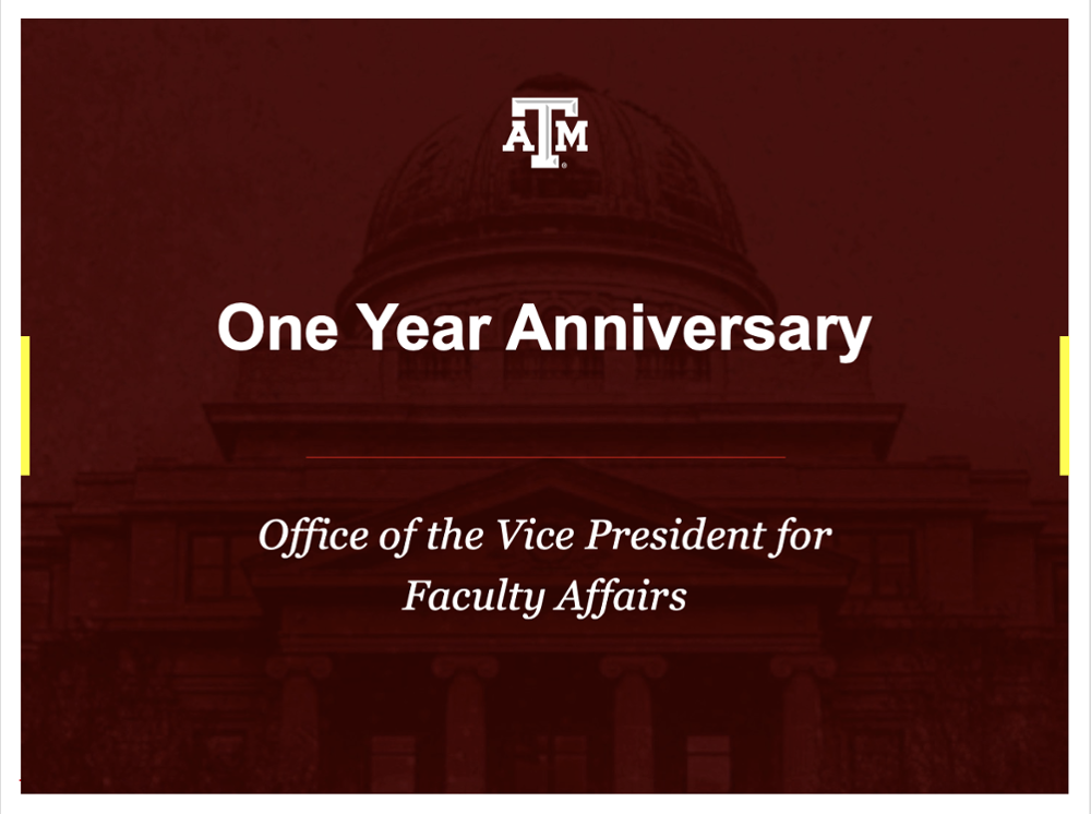 Slide show slide reading " One Year Anniversary. Office of the Vice President for Faculty Affairs"